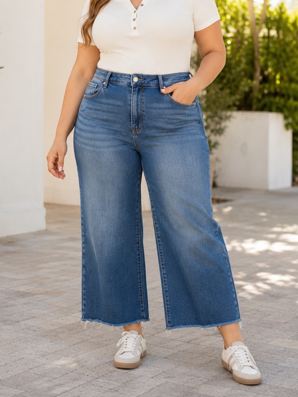 RISEN Tummy Control High Rise Crop Wide Leg Raw Hem Jeans Plus 1X